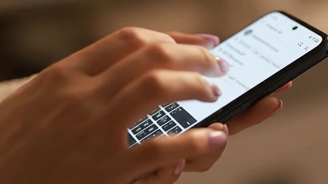 A person types on a smartphone with a QWERTY keyboard