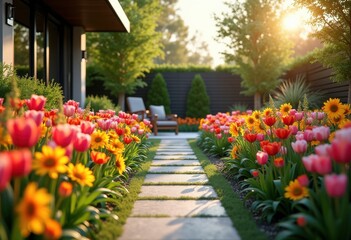 vibrant flower beds modern backyard garden design colorful landscape floral arrangement, input, oasis, blooming, bloom, vegetation, site, plot, nature