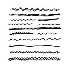 Set of wavy horizontal lines. Marker hand-drawn line border set and scribble design elements. Lines hand drawn paint brush stroke. Vector set isolated .