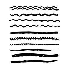 Set of wavy horizontal lines. Marker hand-drawn line border set and scribble design elements. Lines hand drawn paint brush stroke. Vector set isolated .