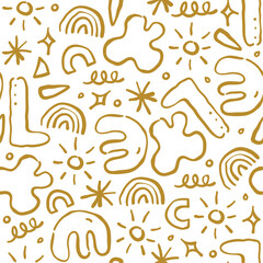 Playful abstract seamless pattern with sun, rainbow, star and organic shapes on white background design