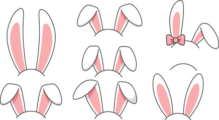 Collection of cute hand drawn bunny ears with pink insides and dashed outlines isolated on transparent background