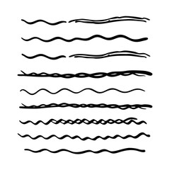 Set of wavy horizontal lines. Marker hand-drawn line border set and scribble design elements. Lines hand drawn paint brush stroke. Vector set isolated .