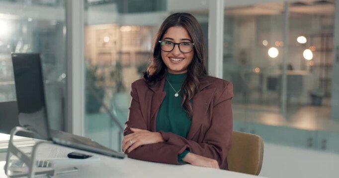 Face, office and happy business woman with career opportunity as investment banker at night. Smile, employee and portrait of confident worker with financial professional, laugh or bokeh on overtime