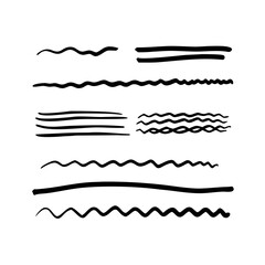 Set of wavy horizontal lines. Marker hand-drawn line border set and scribble design elements. Lines hand drawn paint brush stroke. Vector set isolated .