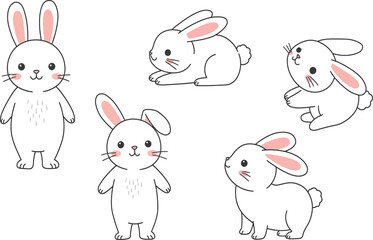 Cute hand drawn cartoon bunnies in various adorable poses isolated on transparent background