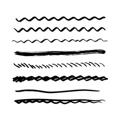 Set of wavy horizontal lines. Marker hand-drawn line border set and scribble design elements. Lines hand drawn paint brush stroke. Vector set isolated .