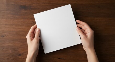 Fototapeta premium A blank square white sheet of paper is held by two hands over a wooden surface