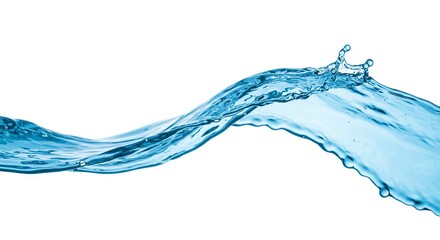 A blue water wave cascades against a stark white background