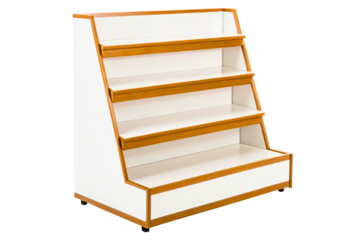 Retail display shelf with angled wooden frame and multiple white tiers isolated with transparent background