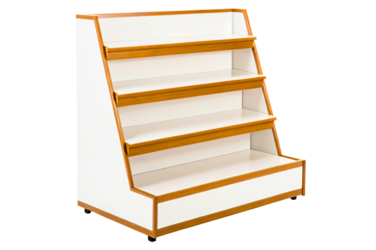 Retail display shelf with angled wooden frame and multiple white tiers isolated with transparent background