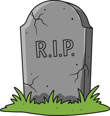 Cartoon illustration of a weathered gray tombstone with rip inscription and green grass isolated on transparent background