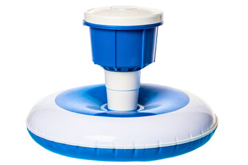 Floating pool chlorine dispenser with blue and white plastic design isolated with transparent background