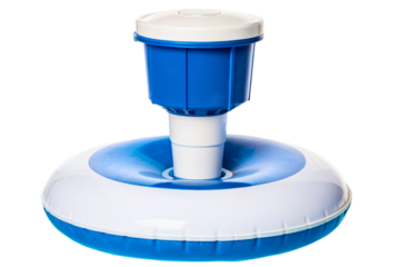Floating pool chlorine dispenser with blue and white plastic design isolated with transparent background