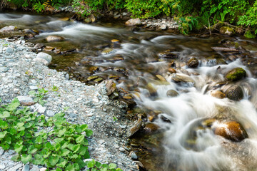 A long exposure captures the silky smooth motion of a mountain stream as it rushes over rocks and...