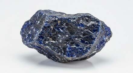 A dark blue mineral rock speckled with lighter shades sits against a bright white backdrop