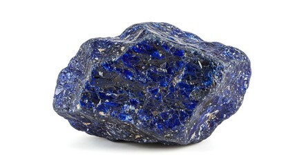 Fototapeta premium A dark blue rock with black accents is seen against a plain white background