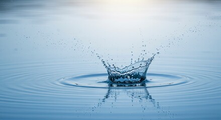 A droplet impact forms a water crown surrounded by ripples in a serene lightblue expanse