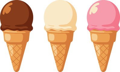 Three delicious ice cream cones with chocolate vanilla and strawberry flavors isolated on transparent background