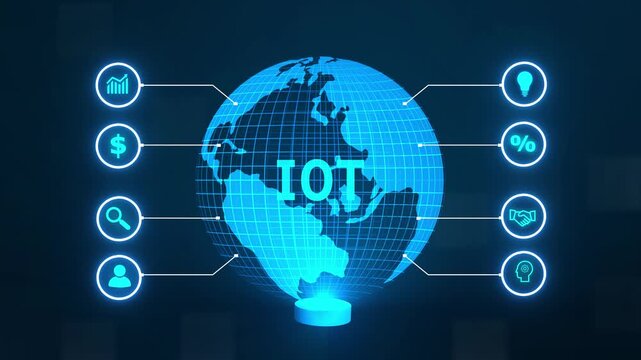 Internet of things - IOT concept ,new business concept ,tee icon attached around the map features the concept of network and technology confirmed. the map is rotating ,specify all icons, - Powered by Adobe