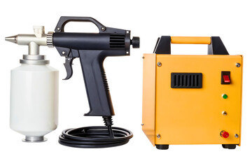 Powder coating spray gun with control box for industrial applications isolated with transparent background