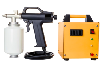 Powder coating spray gun with control box for industrial applications isolated with transparent background