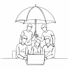 Group of five people collaborating under umbrella over laptop  