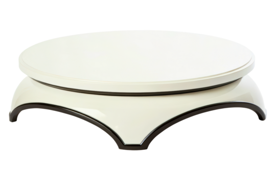 White round rotating display stand with modern curved base design isolated with transparent background