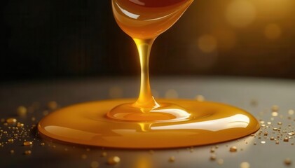 Golden honey dripping, forming realistic droplets and splashes , melt, confectionery