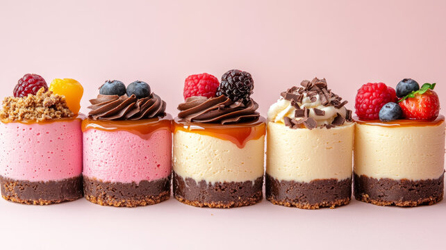Assorted mini cheesecakes with fruit toppings on pink background. - Powered by Adobe
