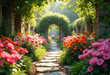 Obraz premium vibrant flowering garden colorful blooms stone pathway lush greenery tranquil retreat flora delight nature escape, landscape, vegetation, park, herbaceous