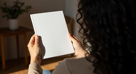 Naklejka premium A person with curly hair holds a blank white book in their hands