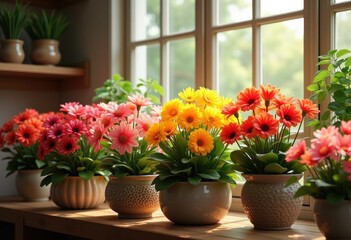 Fototapeta premium vibrant flowering plants decorative containers brightening spaces lush colors textures, petal, colours, greenery, floral, nature, garden, indoors, beauty