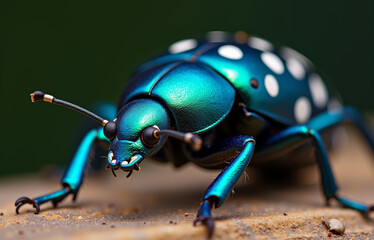 Fototapeta premium Close-up of a tiger beetle’s iridescent blue body with white dot patterns and long legs.
