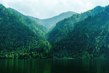 Serene view of a tranquil lake reflecting the lush, green forests covering the surrounding mountains