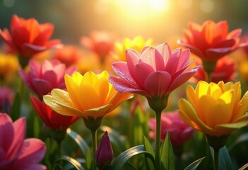 Fototapeta premium vibrant garden blooming sunlight glowing colorful petals lush green foliage, plant, nature, landscape, outdoors, flora, herb, ornamental, greenery, blossom