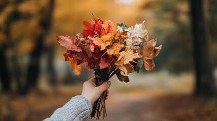 woman holding leaves in the autumn park