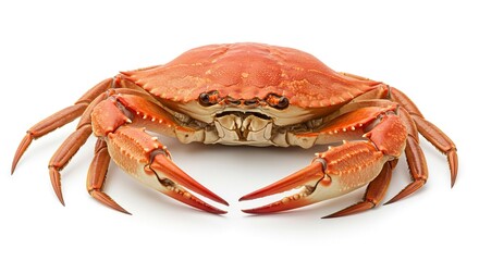A red crab with legs extended is seen on a white background