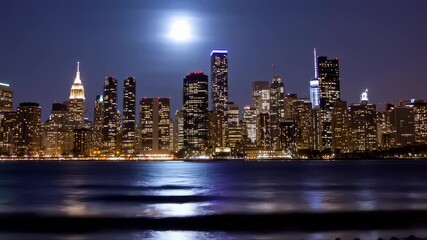 Majestic Manhattan Nightscape: Full Moon Illuminates Iconic Skyline - Powered by Adobe