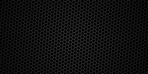 Dark grey abstract wide horizontal banner with hexagon carbon fiber grid and orange luminous lines. Technology vector background with orange neon lines