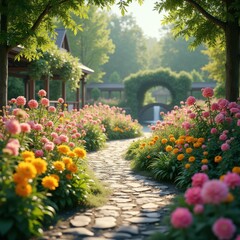 Fototapeta premium vibrant garden paths seasonal blooms flowering nature vista colorful blooms serenity outdoor escape, flowers, landscape, flora, plant, petal, veranda, outdoors