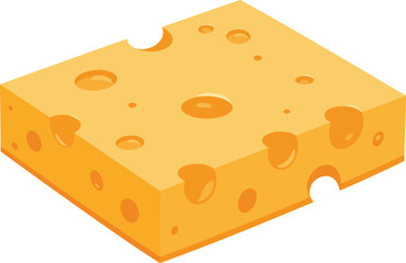 A realistic isometric illustration of a cube of swiss cheese with holes isolated on transparent background