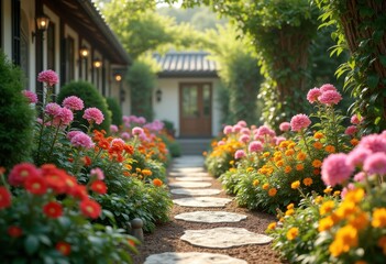 vibrant garden pathways colorful plants arrangement floral design serenity oasis enhance curb appeal garden artistry, flowers, presentation, shrub, landscape