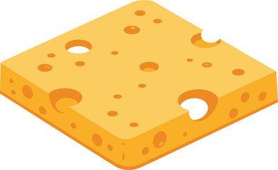 A square piece of yellow swiss cheese with characteristic holes isolated on transparent background