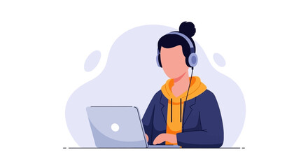 Person with headphones working on laptop, ideal for websites and presentations about remote work, online support, or communication.