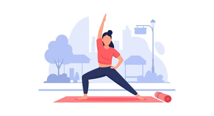 Woman practicing yoga outdoors in a city park; perfect for health and wellness websites, blogs, or brochures.