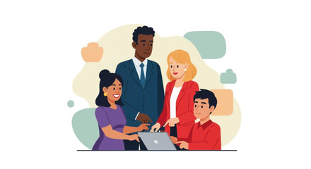 Diverse business team collaborating on a laptop, perfect for website banners and presentations.