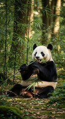 Obraz premium Panda bear eating bamboo in a lush forest.