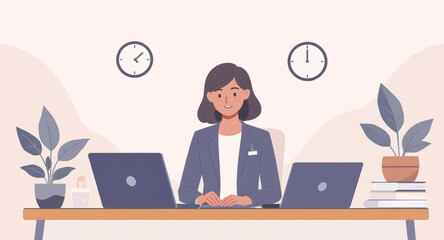 Smiling businesswoman at her desk, perfect for websites, brochures, or presentations on business success and productivity.