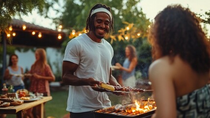 young people having barbecue in the backyard with friends